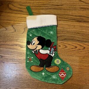 Disney Store Mickey Mouse Christmas Stocking Plush Green Decorated Holiday‎